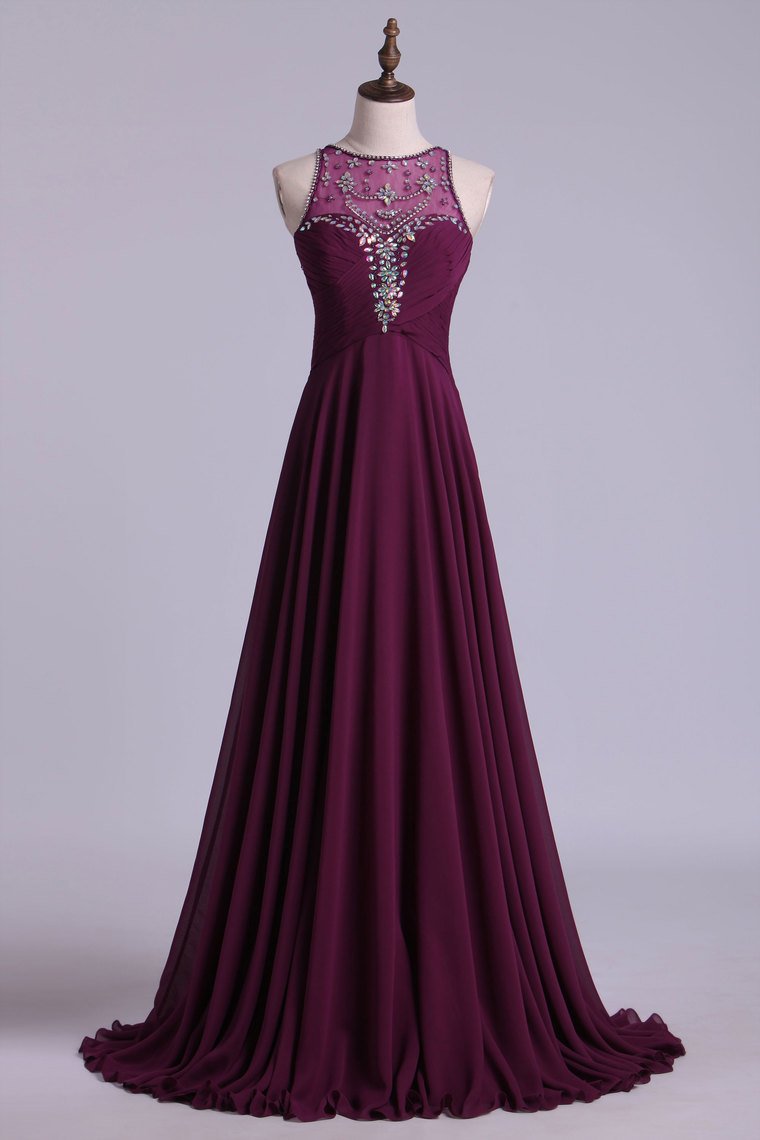 Scoop A-Line Prom Dresses With Beads And Ruffles Chiffon
