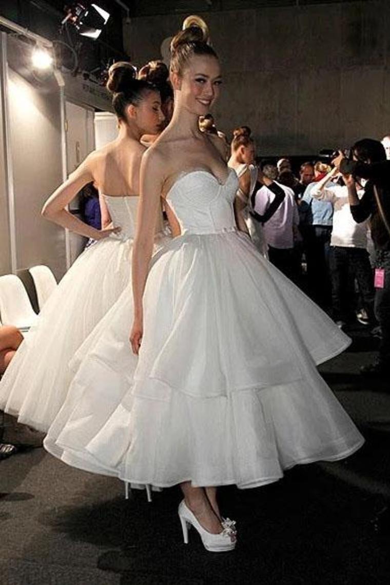 A Line Strapless Sweetheart Organza Tea Length Wedding Dresses Prom SRSP4QYSTKF