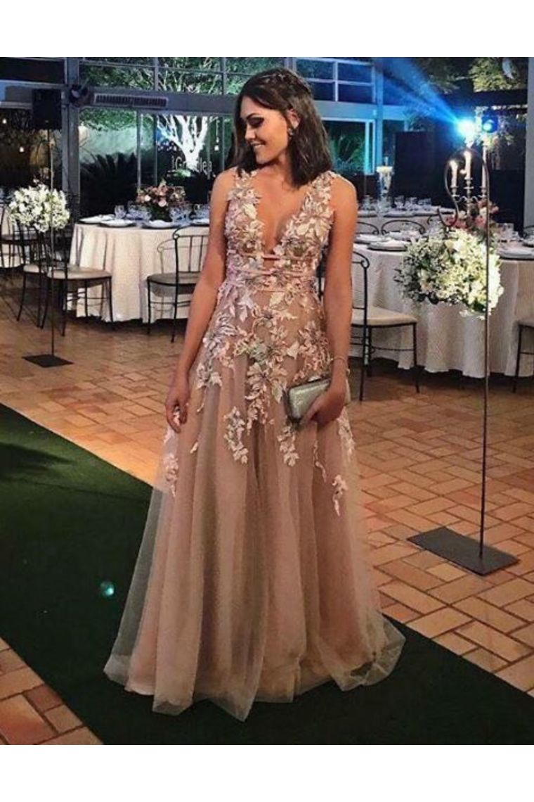 A-Line V Neck Appliques Floor Length Prom Dresses Tulle Evening SRSP82T3LY5