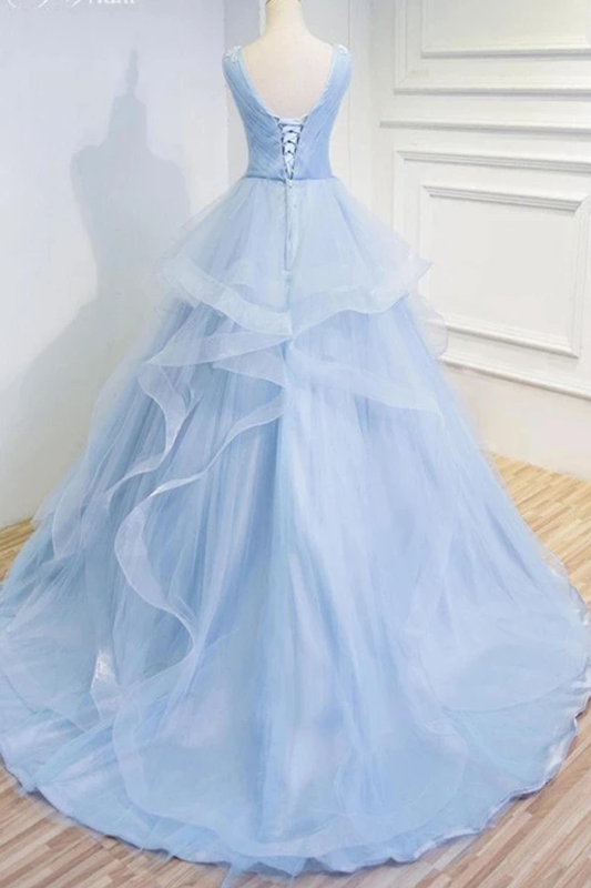 Puffy V Neck Sleeveless Tulle Prom Dress With Appliques Quinceanera SRSP4EM4EZY
