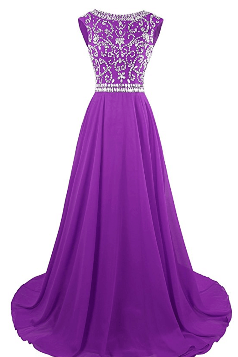 2024 A Line Scoop Prom Dresses Chiffon With Beading Sweep Train