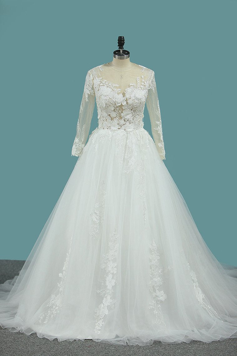 Scoop Long Sleeves Tulle Wedding Dresses With Applique Chapel Train