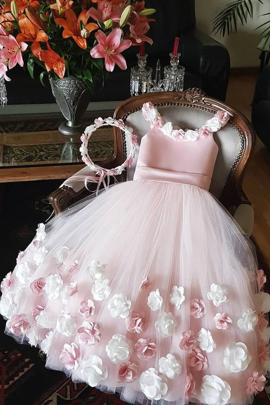 A Line Round Neck Pink Hand Made Flowers Flower Girl Dresses Tulle Wedding Party Dresses SRS15019