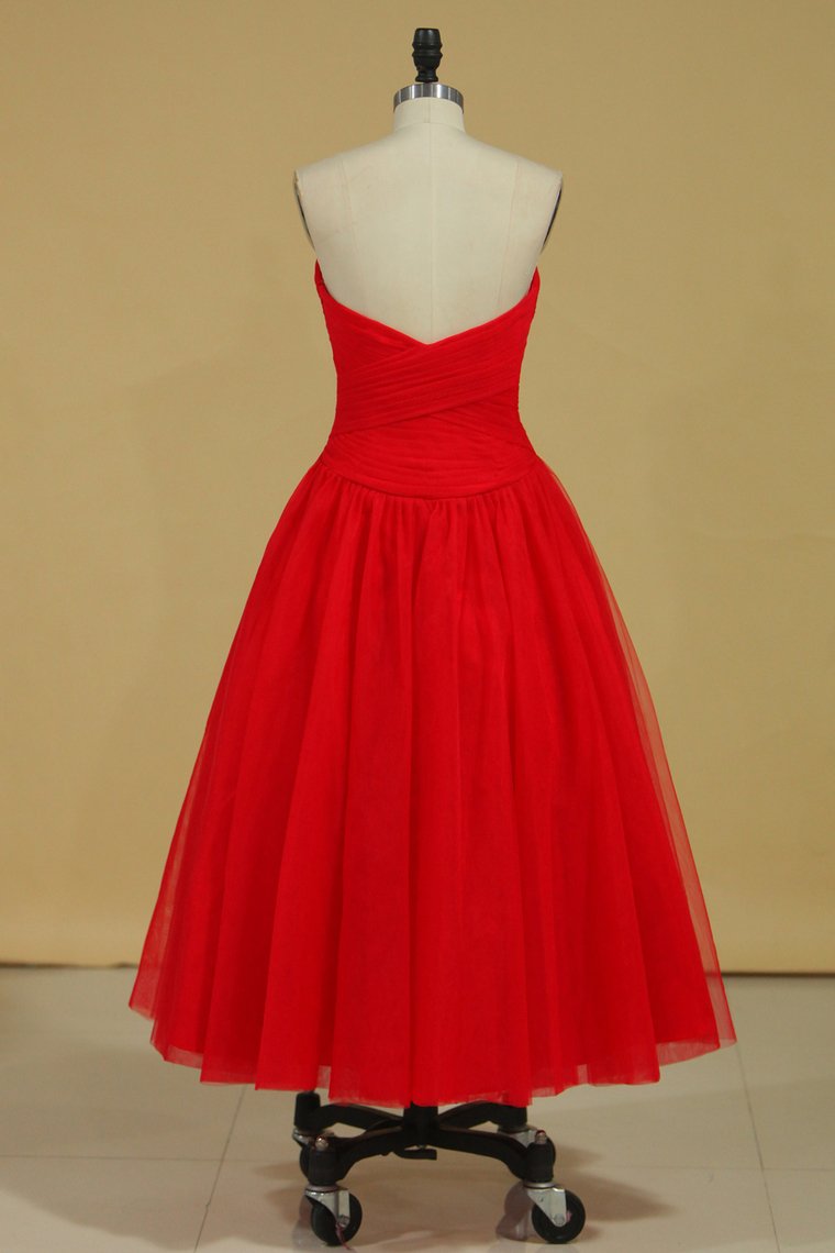Red Sweetheart Prom Dresses A Line Tulle With Ruffles Ankle Length Size 8