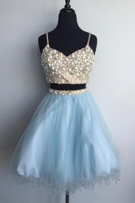 Two Piece A-Line Spaghetti Strap Mini Tulle Short Homecoming Dresses