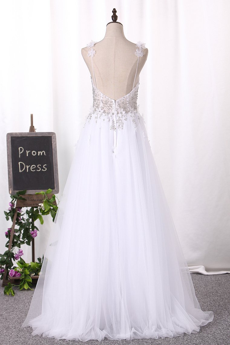 Spaghetti Straps Wedding Dresses A Line Tulle With Beads And Handmade Flower