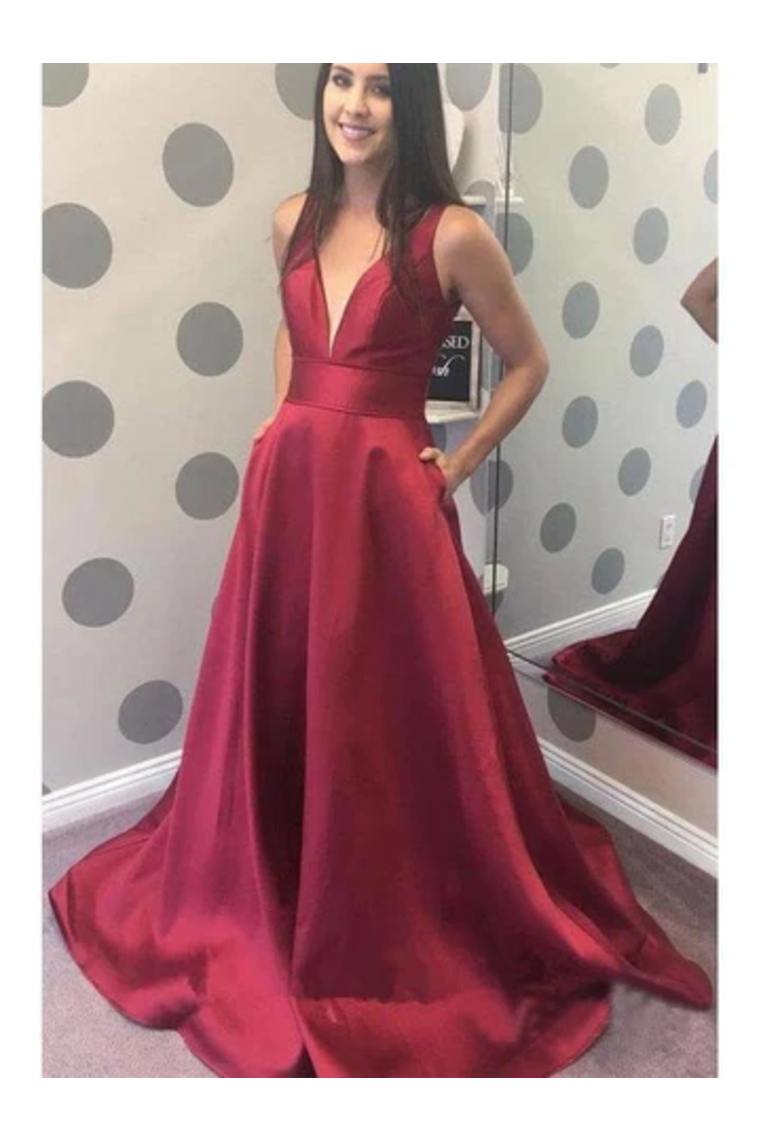 Simple A-Line V-Neck Satin Long Cheap Red Prom Dresses With Pocket