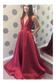 Simple A-Line V-Neck Satin Long Cheap Red Prom Dresses With Pocket