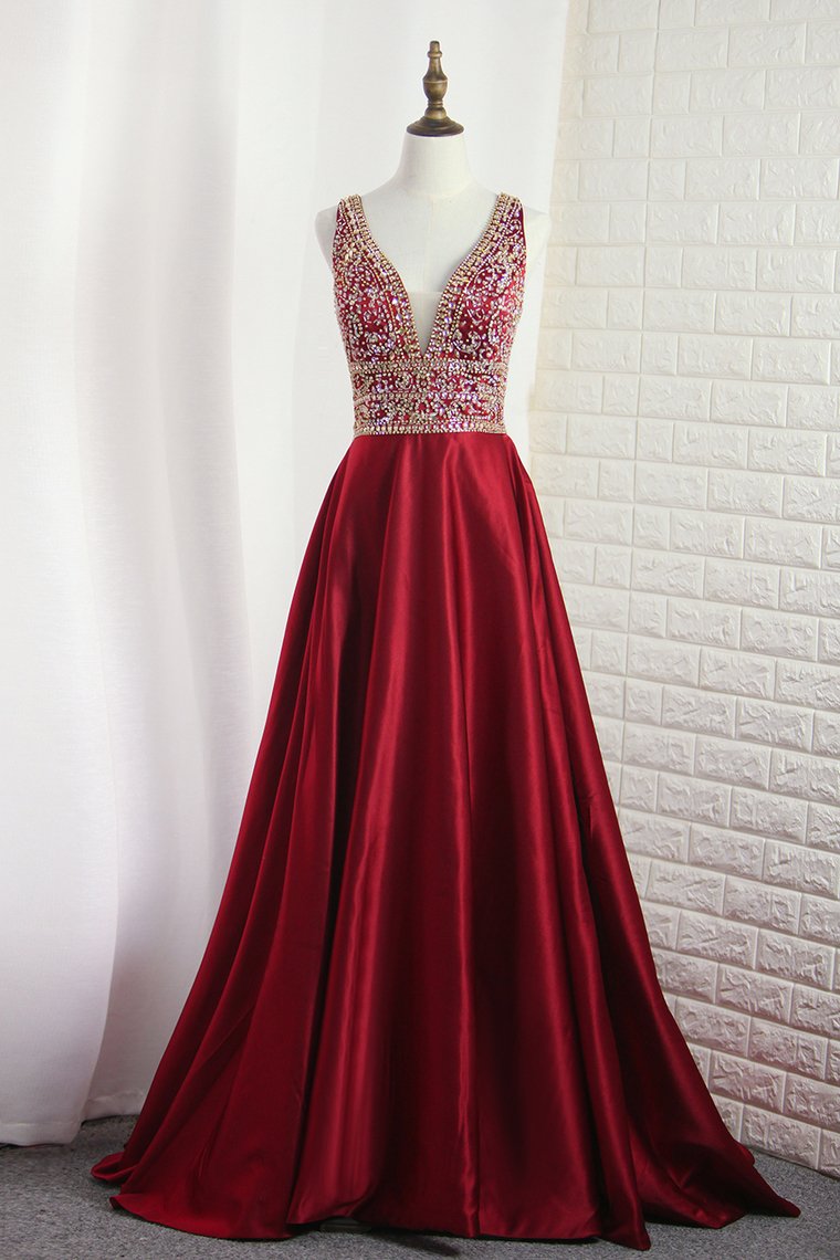 V Neck Satin Prom Dresses A Line With Beading Open Back Sweep Train