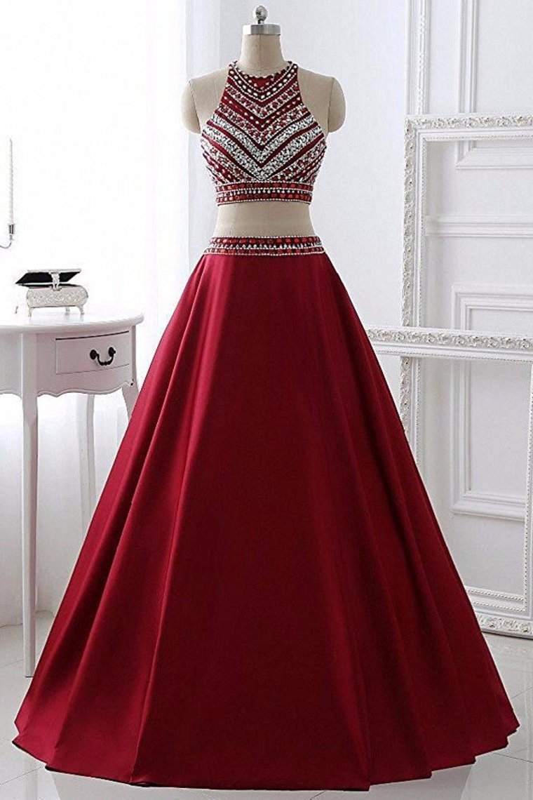 2024 Prom Dresses A-Line Scoop Floor-Length Satin Beads&Sequins