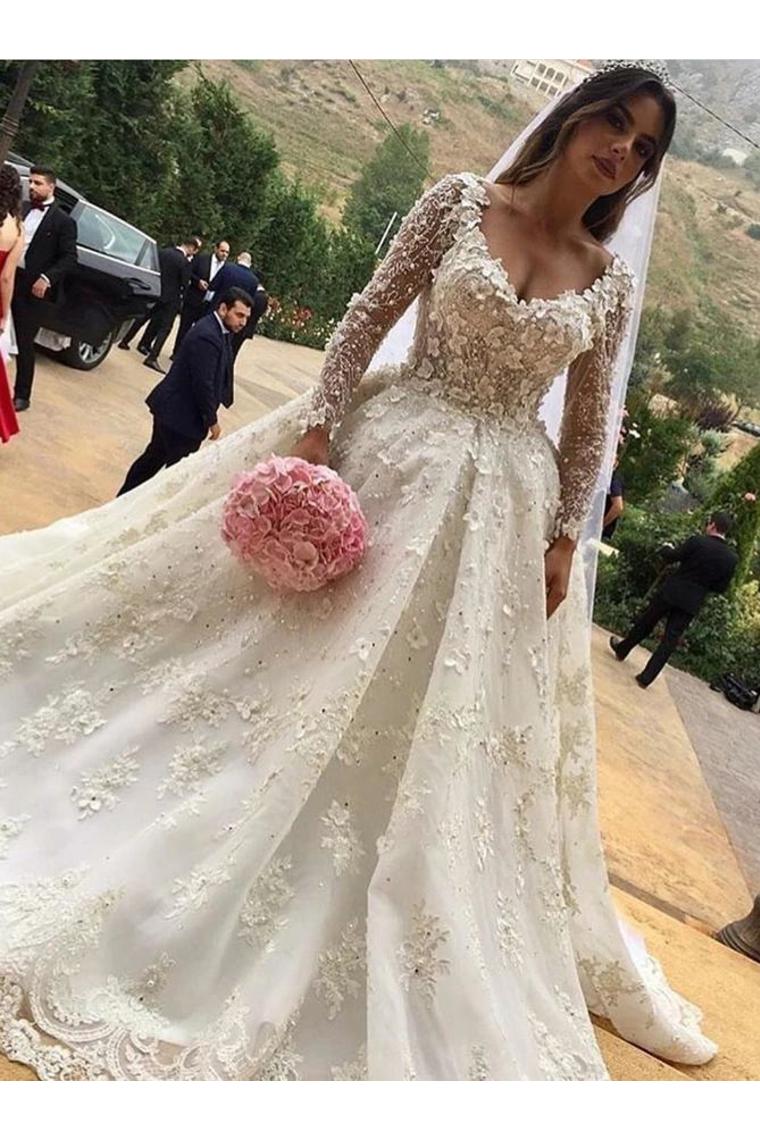 V-Neck Long Sleeves Ball Gown Wedding Dress With Appliques SRSP2F2SCZH