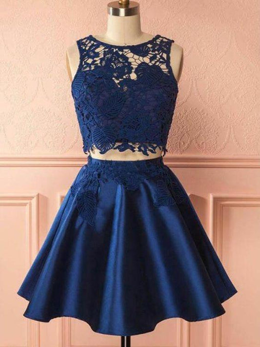 2 Pieces Lace Two Pieces Nancy Satin Homecoming Dresses Navy Blue Party Dress