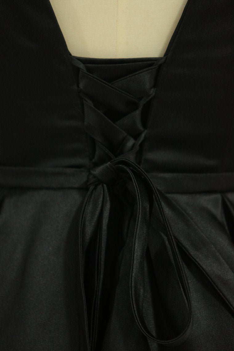 Evening Dress Concise A-Line Floor Length Lace-Up Satin Black Plus Size
