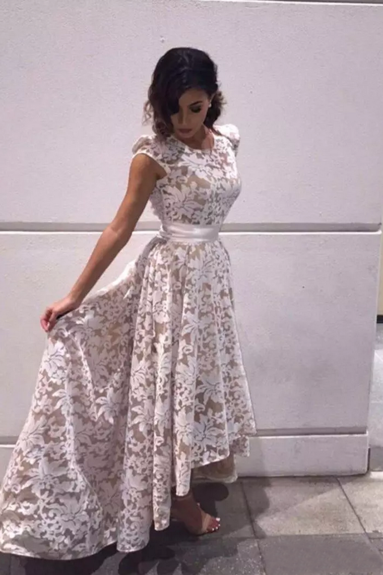 Lace Scoop Asymmetrical Prom Dresses A Line Zipper Up