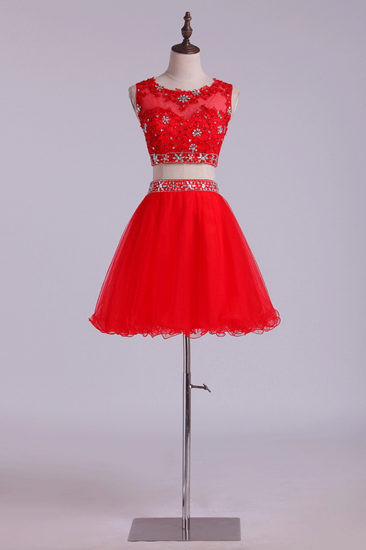 Homecoming Dresses Scoop Tulle Mini With Beading & Applique Two Pieces