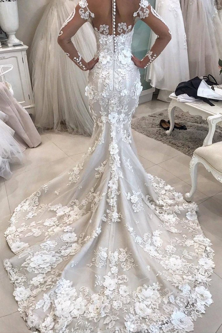 Detachable Train Long Sleeves Scoop Mermaid Wedding Dresses With Applique Tulle