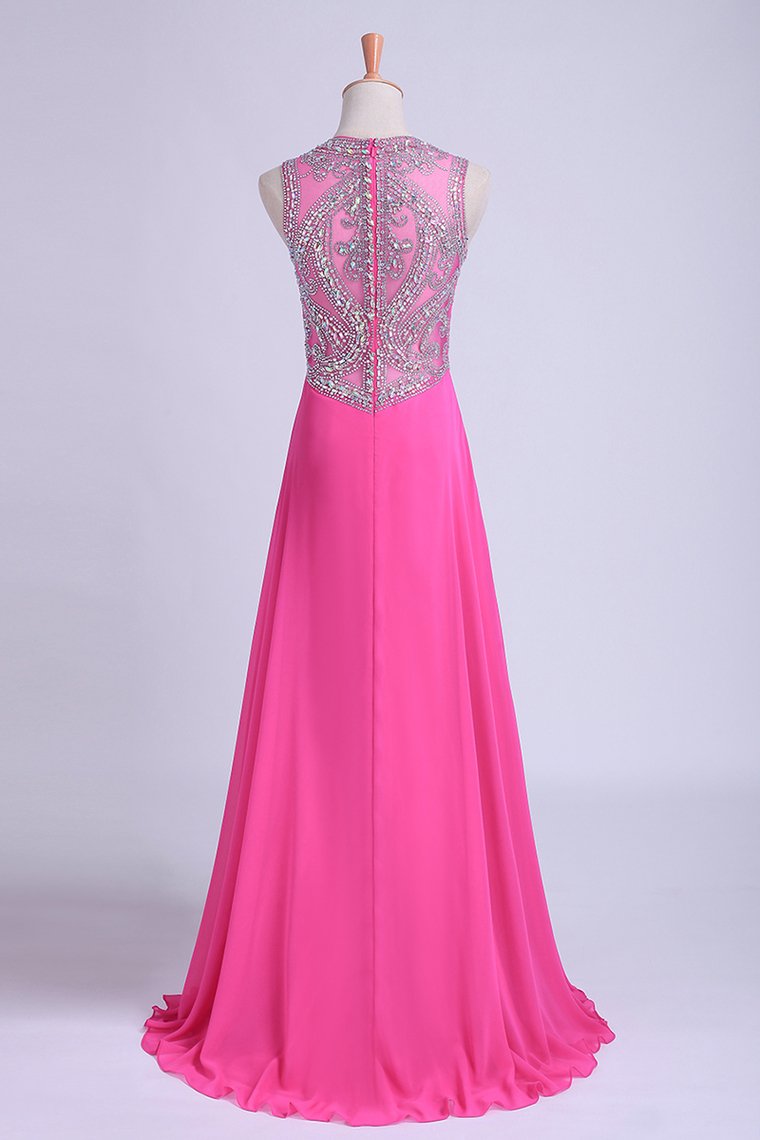 Scoop A-Line Chiffon&Tulle Floor-Length Prom Dresses With Beads Color Fuchsia