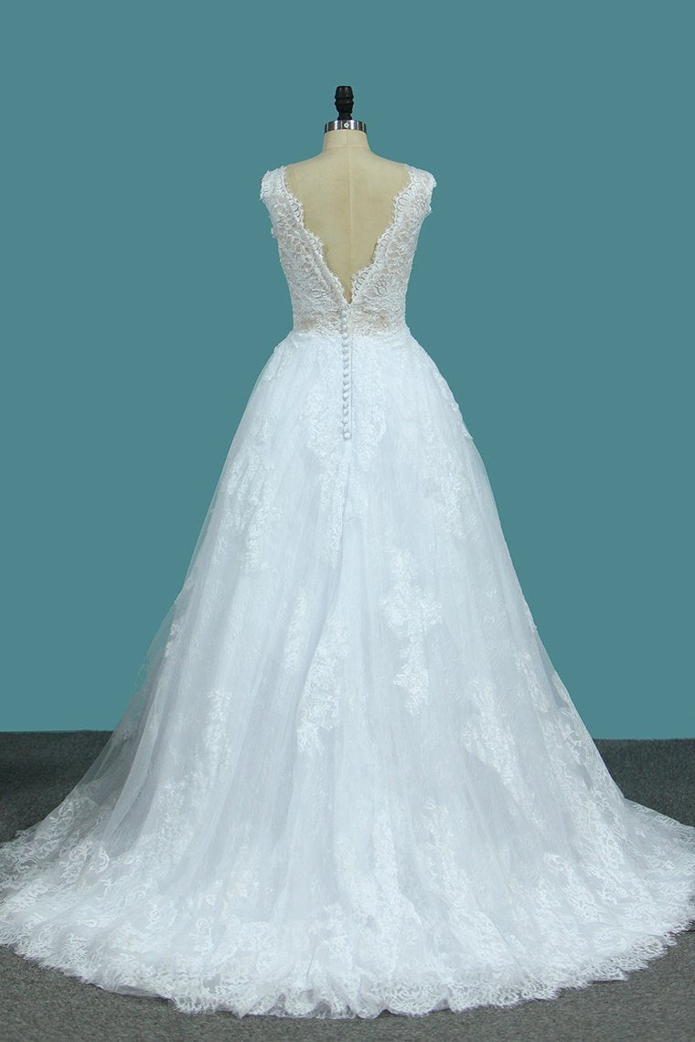 A Line Lace V Neck Wedding Dresses With Applique Open Back Court Train