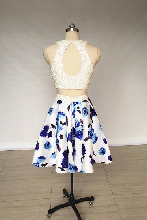 A Line Two Piece Ivory Jewel Floral Print Satin Short Homecoming Dress with Pearls JS818