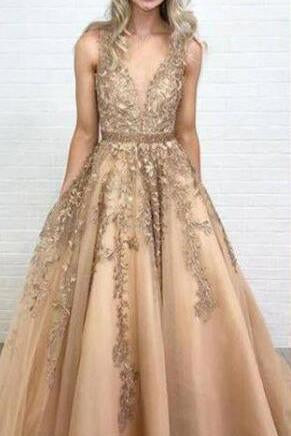 Ball Gown Gold Lace Long Prom Dresses with Appliques V Neck Tulle Evening Dresses JS589