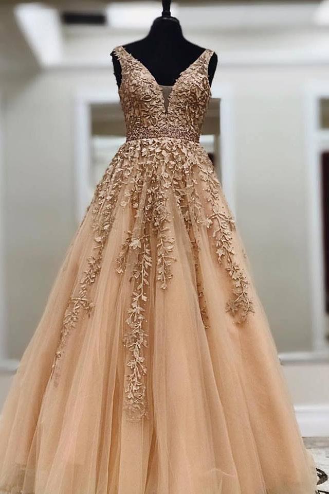 Ball Gown Gold Lace Long Prom Dresses with Appliques V Neck Tulle Evening Dresses JS589
