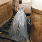 Ball Gown Gray Off the Shoulder Tulle Prom Dresses with Lace Appliques JS685