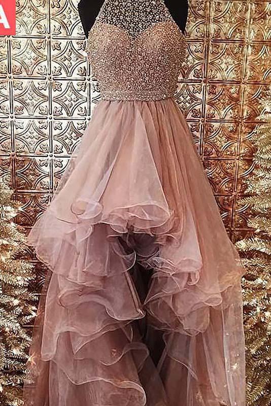 Ball Gown Halter High Low Prom Dresses Beading Asymmetrical Tulle Evening Dresses JS501