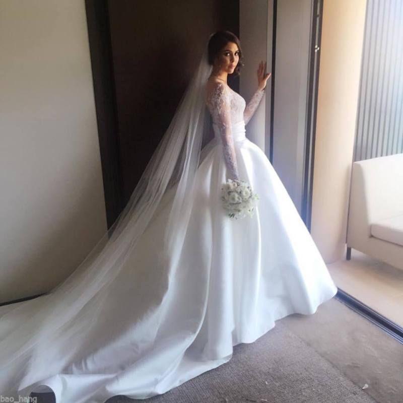 Ball Gown Long Sleeve Ivory Satin Wedding Dresses with Lace Long Bridal Dresses JS721