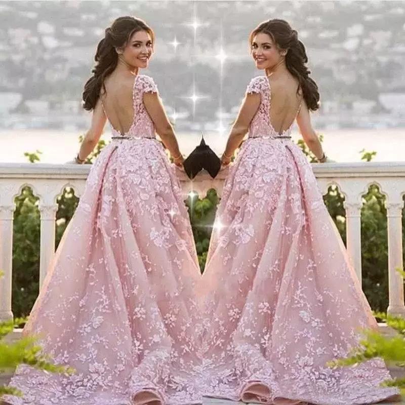 Ball Gown Mermaid Pink Lace Appliques Tulle Cap Sleeve Backless Prom Dresses JS761