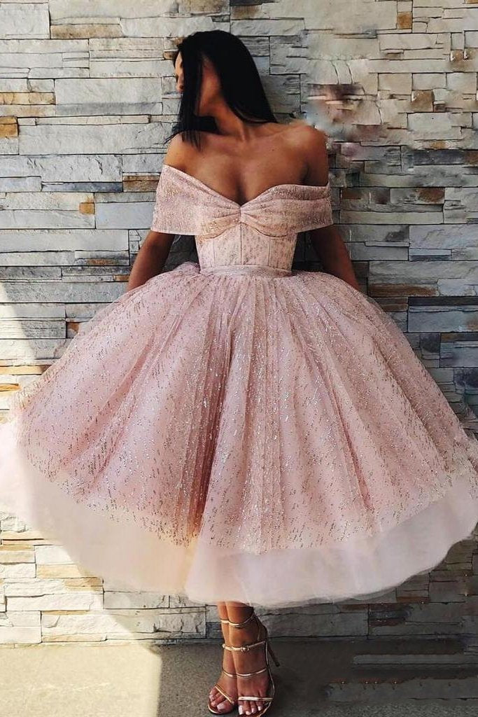 Ball Gown Off the Shoulder Homecoming Dress Pink Tea Length Prom Dresses JS739