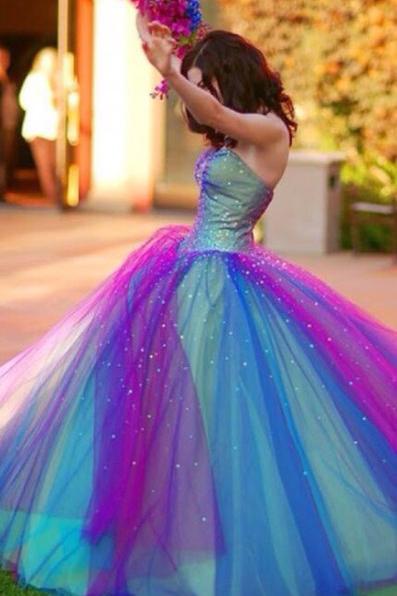 Ball Gown Ombre Sweetheart Strapless Tulle Prom Dresses Quinceanera Dresses JS691