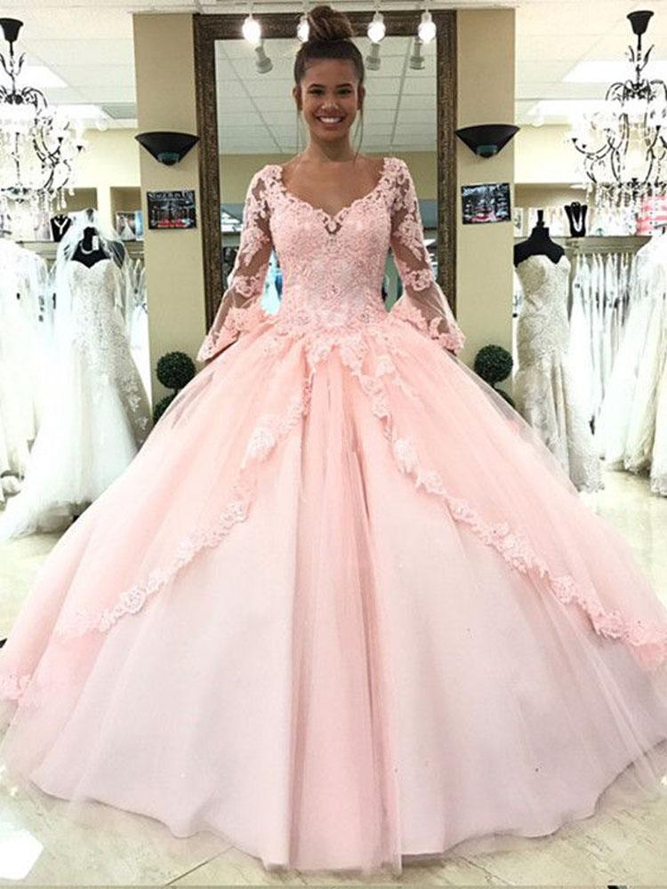 Ball Gown Pink V Neck Long Sleeve Appliques Prom Dresses with Lace up Quinceanera Dresses H1136
