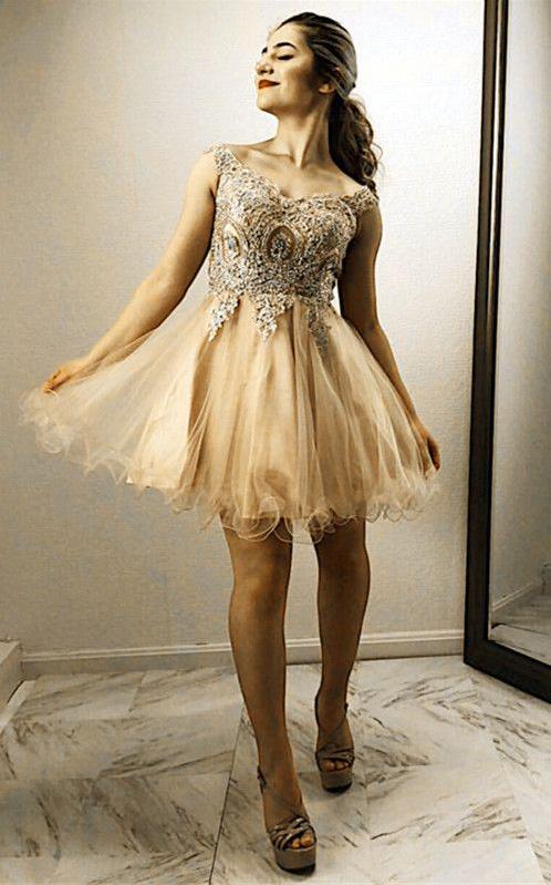 A Line Gold Lace Embroidery Organza Ruffles Off Shoulder Beads Homecoming Dresses JS761