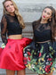 Two Piece Crew Open Back Above-Knee Black Printed Homecoming Dress with Pockets JS659
