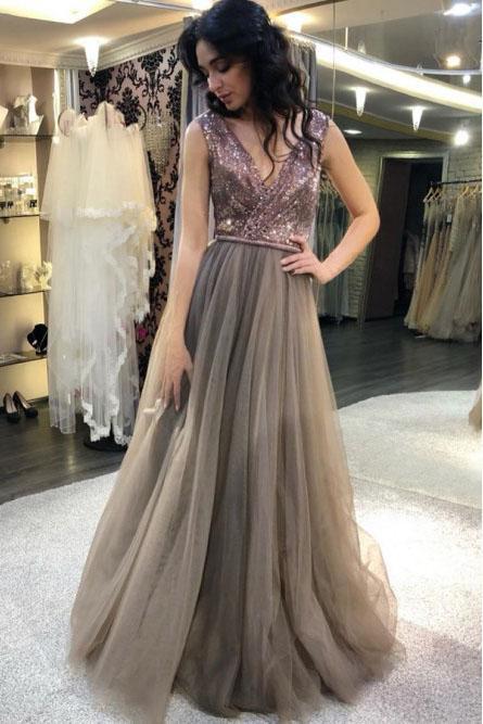 Elegant A Line Gray V Neck Tulle And Sequin Prom Dresses Long Party Dresses