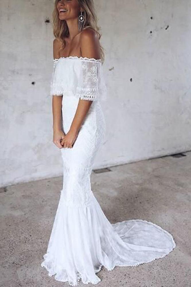 Elegant Mermaid Off the Shoulder Half Sleeve White Lace Beach Wedding Dresses