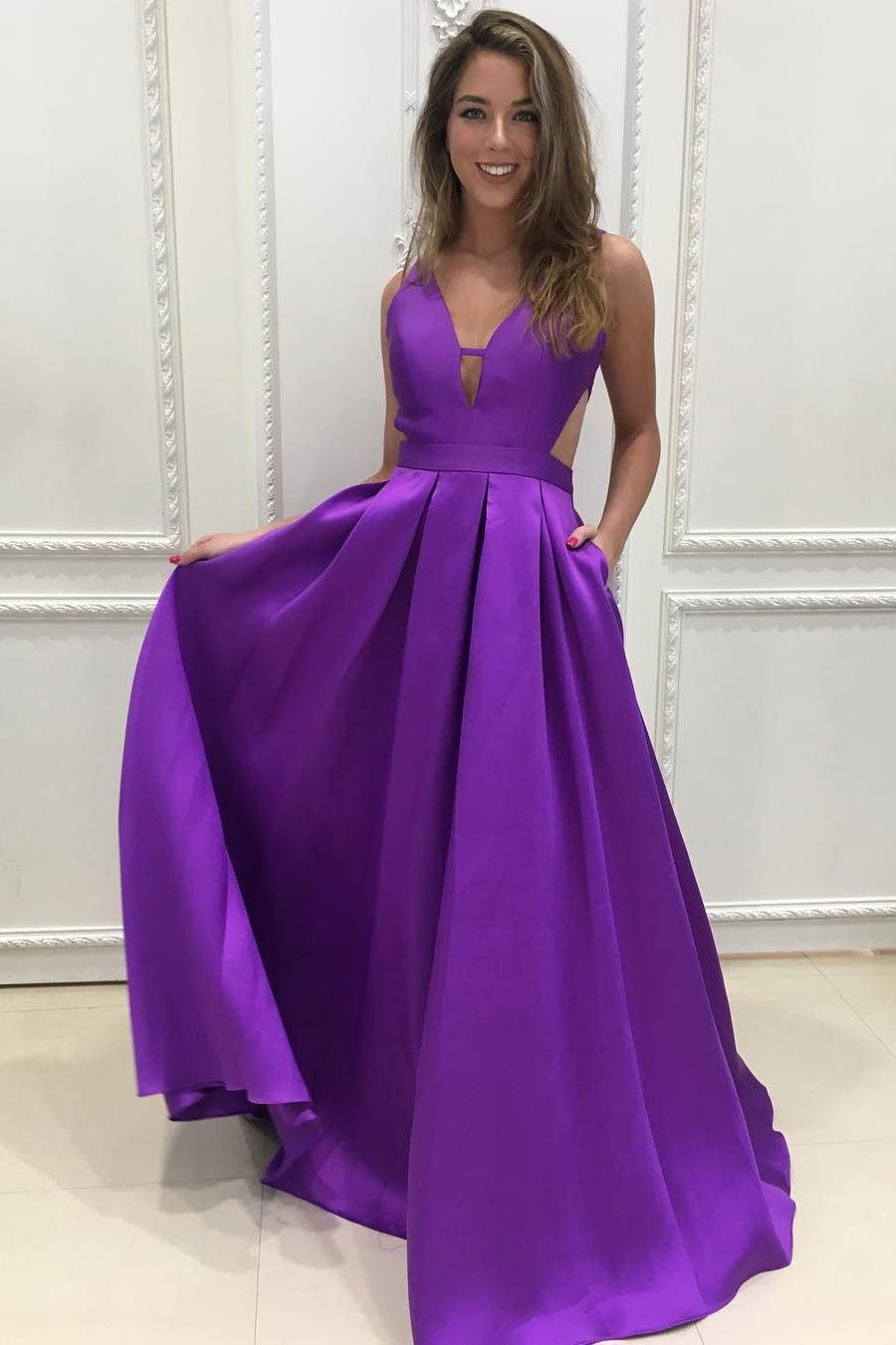 A-line V-Neck Satin Long Simple Backless with Pockets Purple Sleeveless Prom Dresses JS312