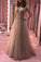 A-Line V-Neck Rhinestone Sleeveless Floor-Length Tulle Zipper-up Prom Dresses JS613