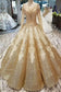 Ball Gown Gold Long Sleeves Lace Appliques Sequins Open Back Beads Quinceanera Dresses JS894