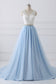 A-Line V-Neck Lace Top Sky Blue Skirt Cheap Sweetheart Tulle Satin Prom Dresses with Sash JS156