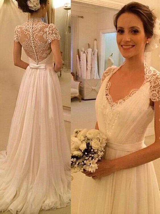Short Sleeves Wedding Dresses A Line Chiffon With Applique And Sash