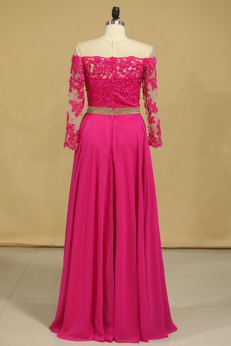 Scoop Prom Dresses A Line Chiffon With Applique And Beads Sweep Train