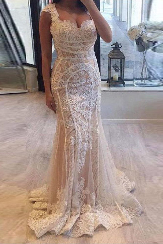 Elegant Cap Sleeve Mermaid V-neck Lace Applique Ivory Wedding Dresses SRS15163
