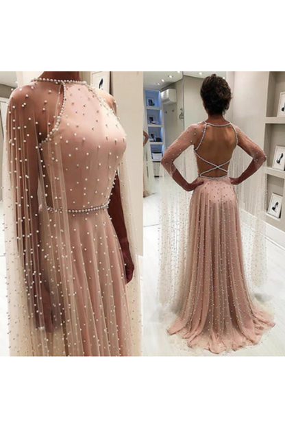 Cape Sleeve Long Prom Dresses With Pearls Tulle