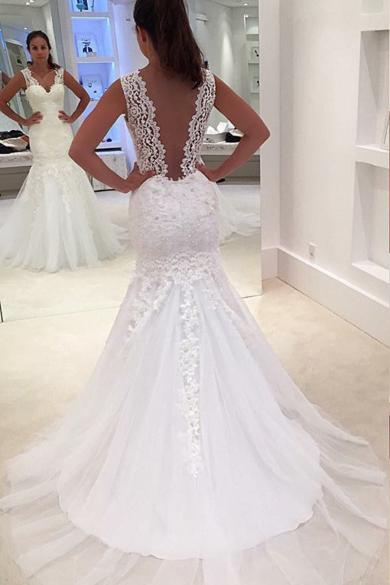 Tulle Wedding Dresses Mermaid V Neck With Applique Court Train