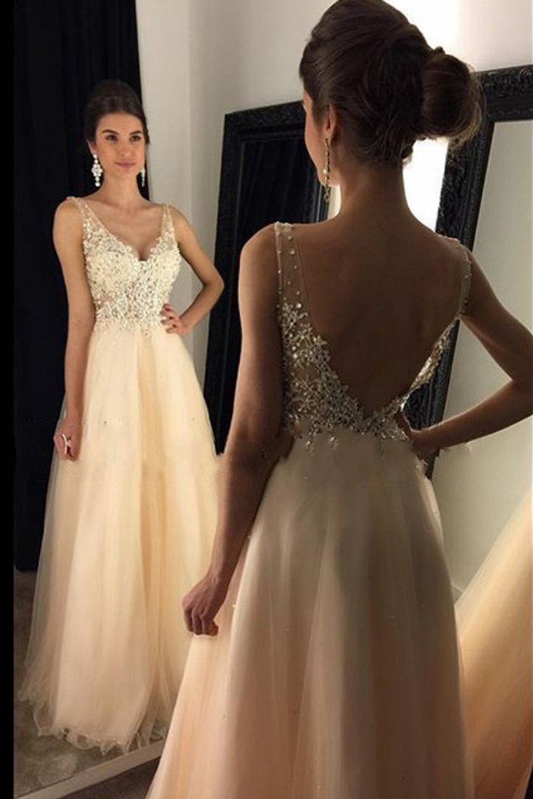 2024 Prom Dresses A Line V Neck Open Back Tulle With Applique