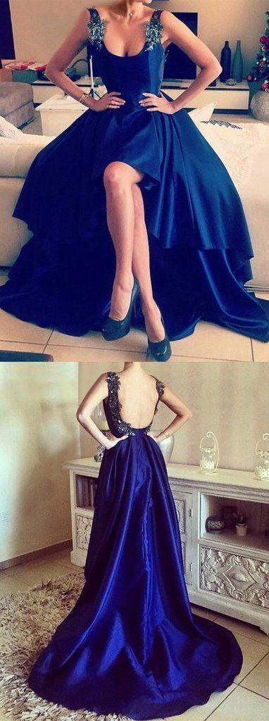 Asymmetrical Appliques Lace High Low Backless Royal Blue High Low Sexy Prom Dresses JS813