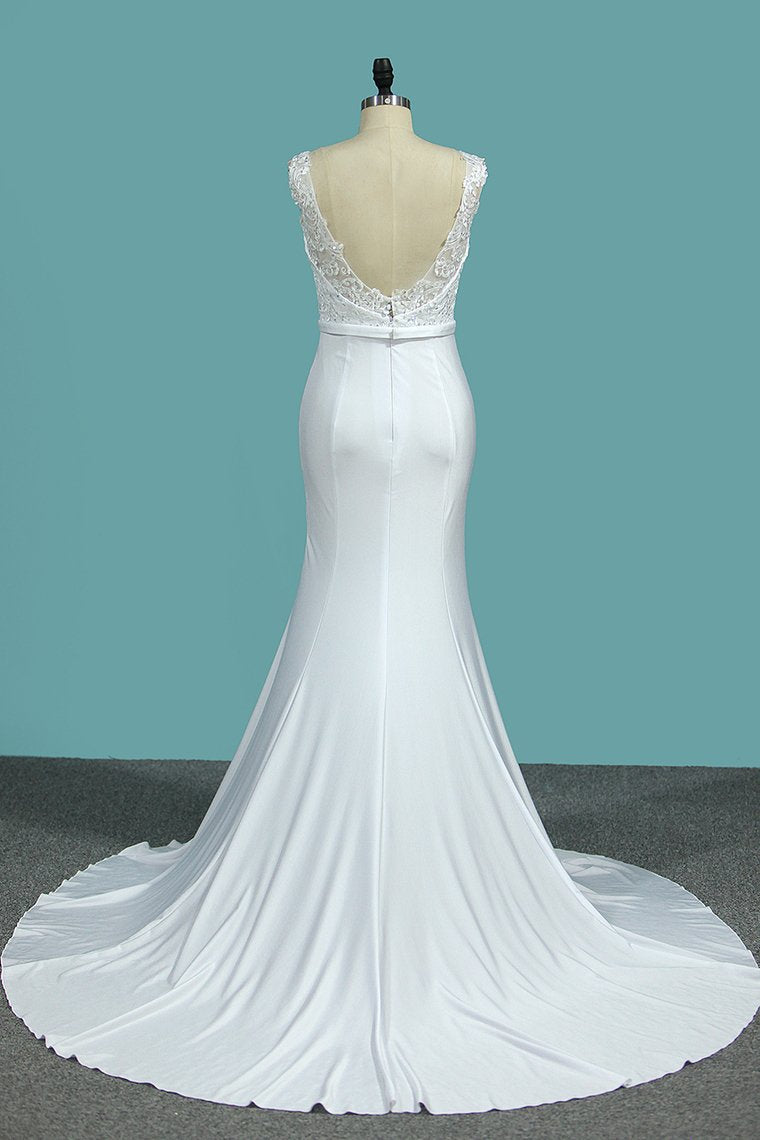 V Neck Open Back Spandex Wedding Dresses With Applique Mermaid