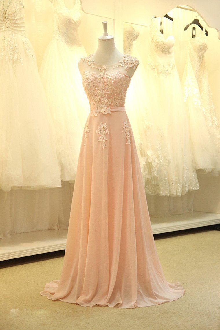 Prom Dresses A Line Scoop Chiffon With Applique And Sash Sweep Train