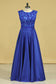 Plus Size A Line Prom Dresses Scoop Dark Royal Blue Satin Cap Sleeves Floor-Length